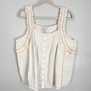 Jennifer Grace Eyelet Sleeveless Smocked Tunic Tank Ecru Sz XL NWT Babydoll Boho